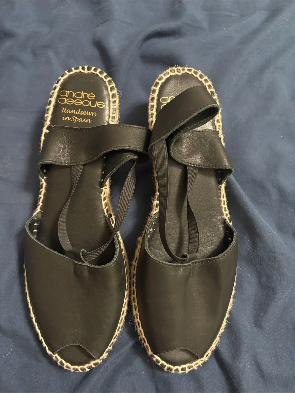 Andre Assous Black Leather Espadrille Slides with Rope Trim